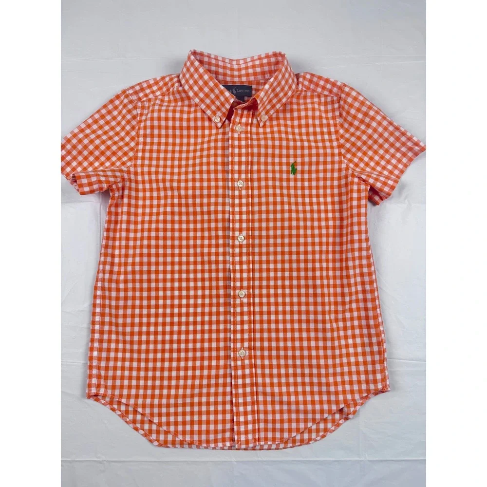 Ralph Lauren Boys Orange White Gingham Short Sleeve Button Down Shirt Size 6